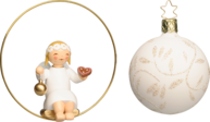 5226/6312/2weiß, Engel im Ring mit Lebkuchenherz und Kugel; Glaskugel, weiss; 
ab Oktober 2026