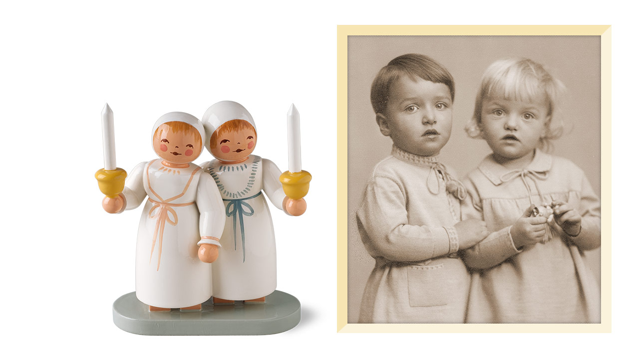 Collage aus einem Foto des Zwillingspaares Hans und Sigrid Wendt und dem figürlichen Pendant „Zwillingspaar“.