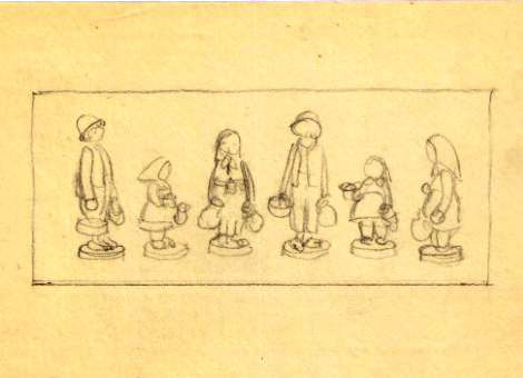 Skizze von der Beerensammlergruppe. 3 Figuren in verschiedenen Perspektiven. Bleistiftzeichnung.