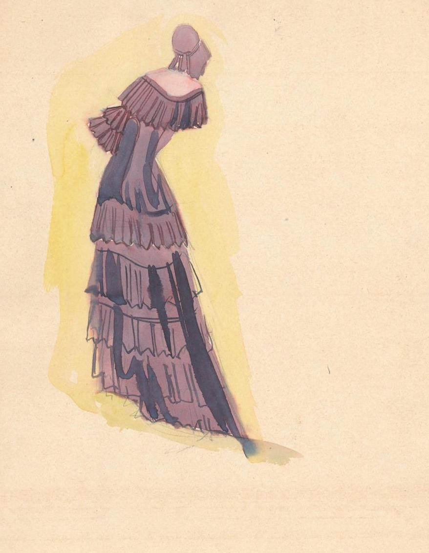 Zeichnung eines lilafarbenen, bodenlangen Kleides. 