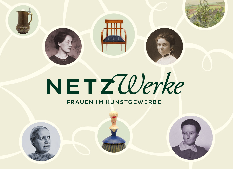 „Ausstellung ‚Netzwerke – Frauen im Kunstgewerbe‘ mit historischen Porträts und Kunsthandwerk aus dem frühen 20. Jahrhundert“
