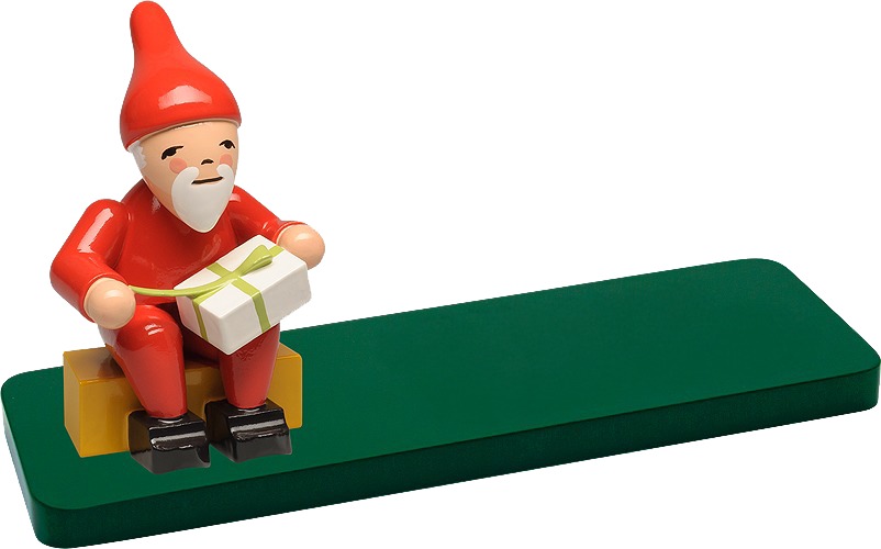 Heinzelmännchen mit Geschenk, auf Sockelplatte