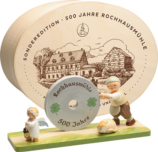 Müller mit Mühlstein und Engel, 500 Jahre Rochhausmühle