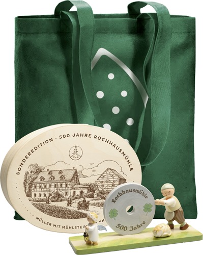 Müller mit Mühlstein und Engel und Tragetasche