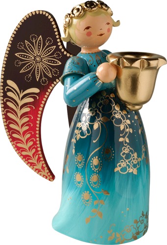 Engel reich bemalt, groß, mit Lichtnapf, blau