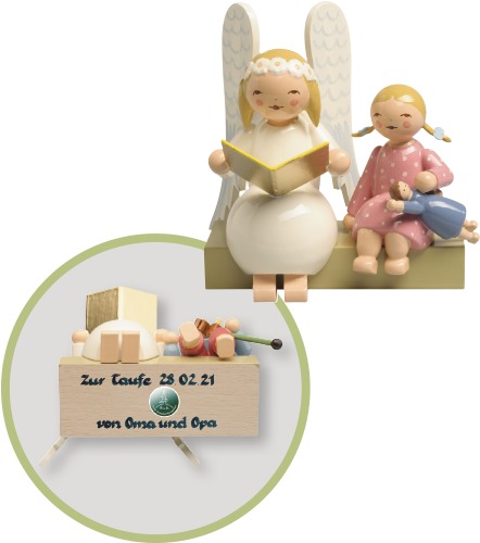 Margeritenengel auf Bank, mit Mädchen