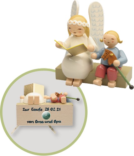 Margeritenengel auf Bank, mit Junge