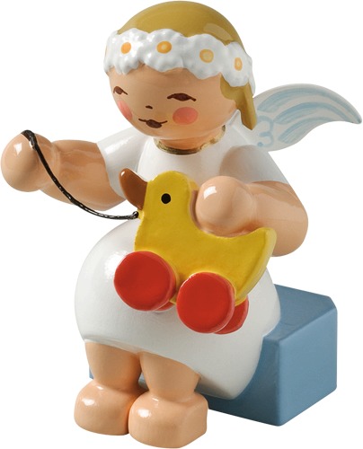 Margeritenengel, sitzend, mit Spielzeugente