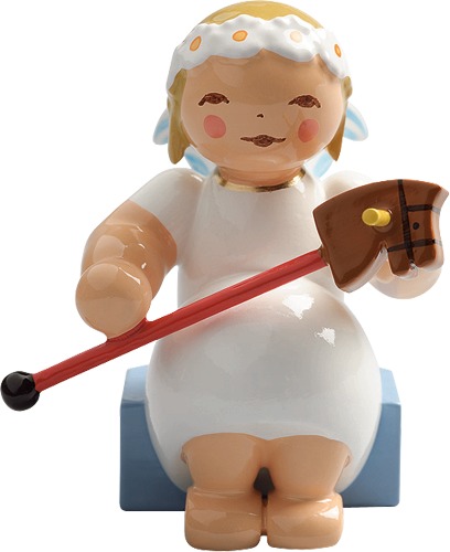 Margeritenengel, sitzend, mit Steckenpferd