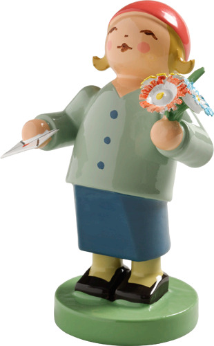 Gratulant mit Brief und Blumen