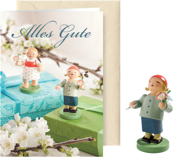 Gratulant mit Brief und Blumen, Grußkarte