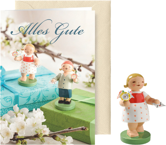 Gratulantin mit Brief und Blumen, Grußkarte