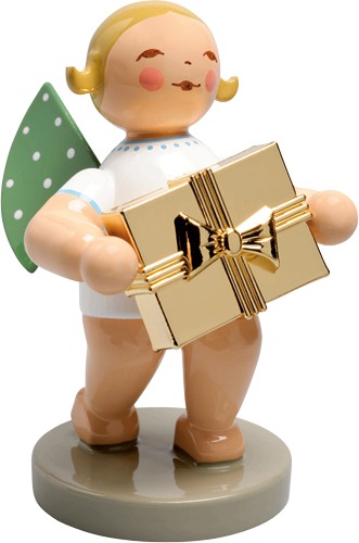 Gratulant, Engel mit Geschenk vergoldet