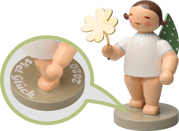 Glücksbote, Engel mit Kleeblatt, vergoldet 