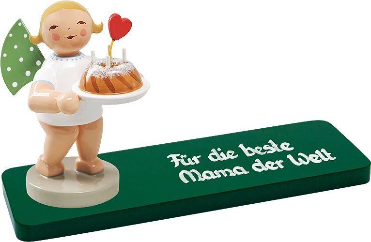 Engel mit Kuchen und Herz, auf Sockelplatte