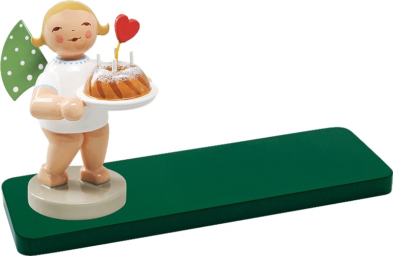 Engel mit Kuchen und Herz, auf Sockelplatte