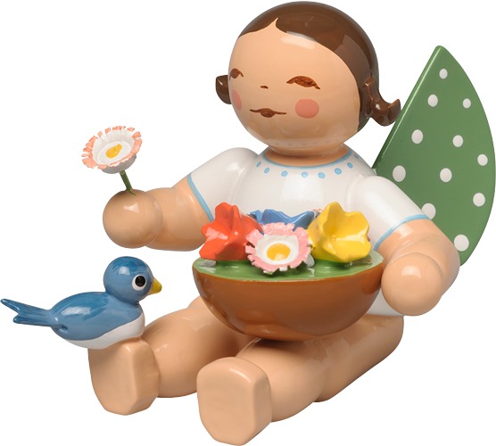 Engel mit Blumenkorb und Vogel, sitzend ohne Sockel