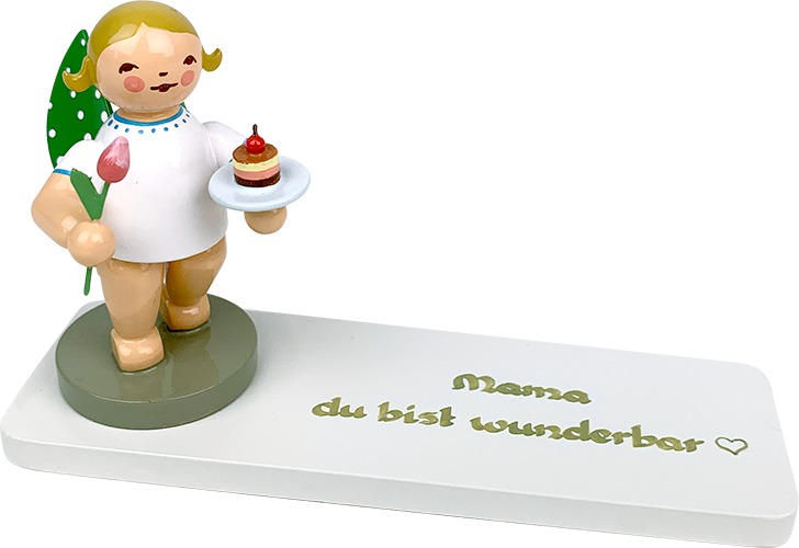 Engel mit Törtchen und Tulpe, auf Sockelplatte