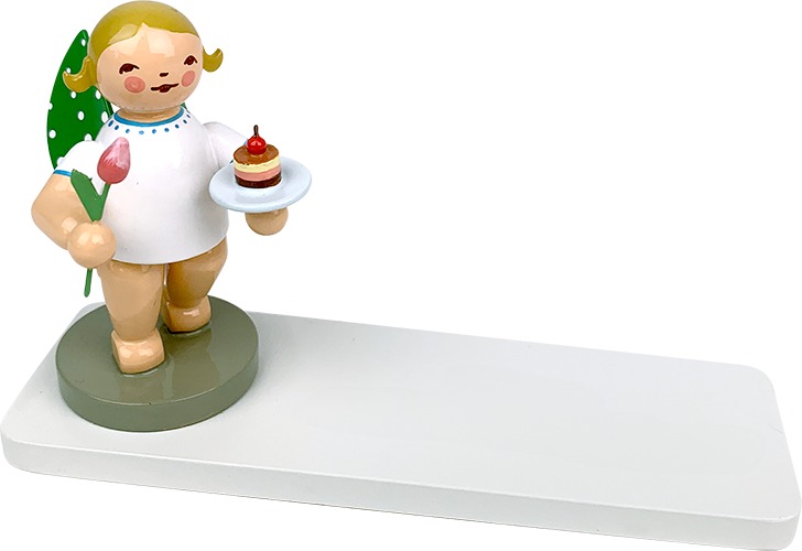 Engel mit Törtchen und Tulpe, auf Sockelplatte