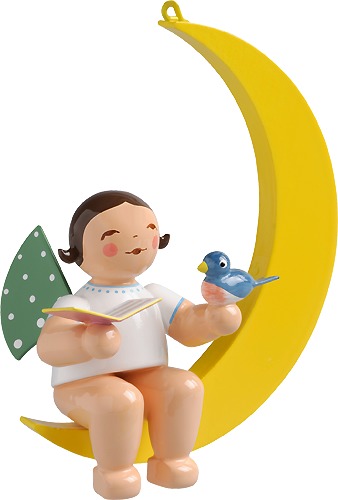 Engel mit Liederbuch und Vogel, im Mond