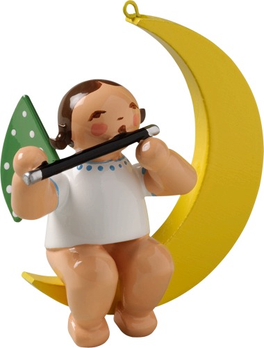 Engel mit Querflöte, im Mond