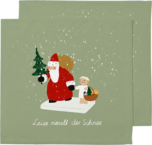 Stoffservietten, Weihnachtsmann mit Engel, hellgrün, 2 Stück, Baumwolle