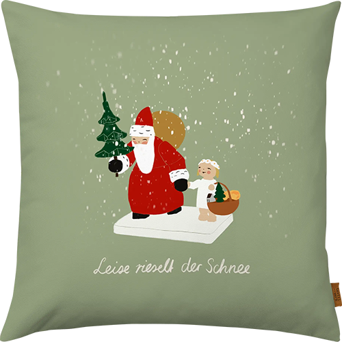 Kissenhülle, Weihnachtsmann mit Engel, hellgrün, Velours