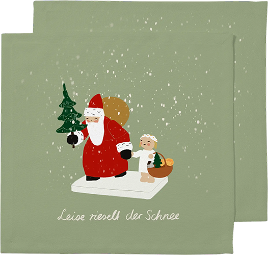 Stoffservietten, Weihnachtsmann mit Engel, hellgrün, 2 Stück, Baumwolle