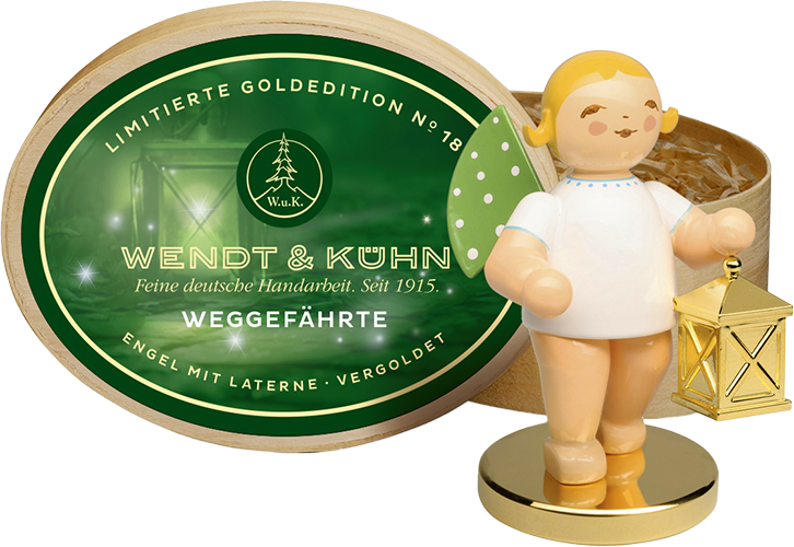 Limitierte Goldedition No. 18, Weggefährte, Engel mit Laterne auf Metallsockel vergoldet, in Spanschachtel