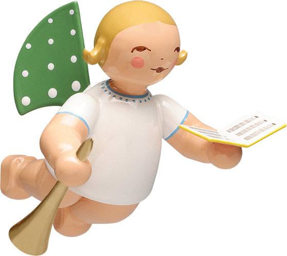 Engel mit Liederbuch und Flöte, schwebend